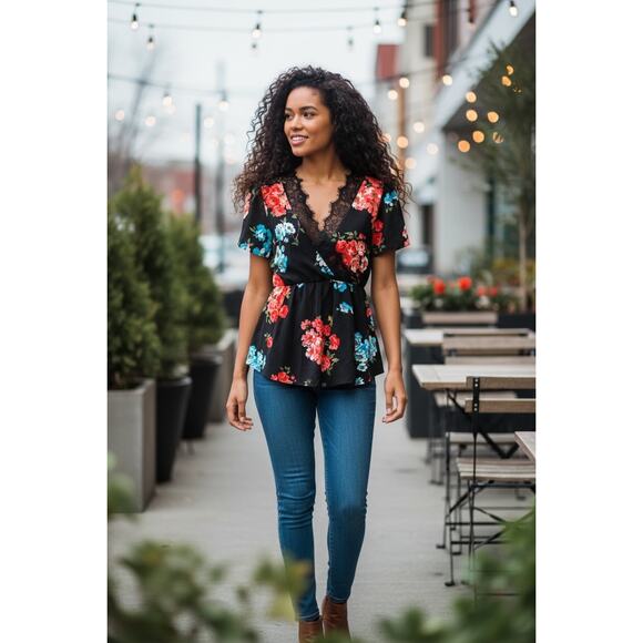 ASOS Floral Surplice Top Womens Size 8 Black Pink Blue Lace Trim Peplum Blouse - Picture 5 of 9